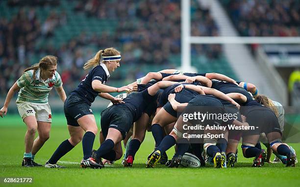 Oxford Universitys Carly Bliss feeds the scrum during the Varsity Match between Oxford University Women and Cambridge University Women at Twickenham...