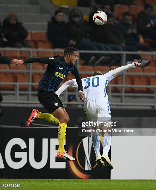 Senna Miangue of FC Internazionale competes for the ball with Lukas Julis of AC Sparta Praha during the UEFA Europa League match between FC...