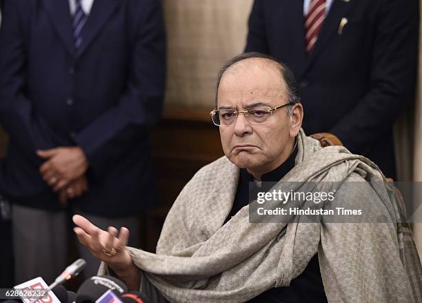 Finance Minister Arun Jaitley during his press conference on December 8, 2016 in New Delhi, India. A month after Rs. 500 and Rs. 1000 notes were...