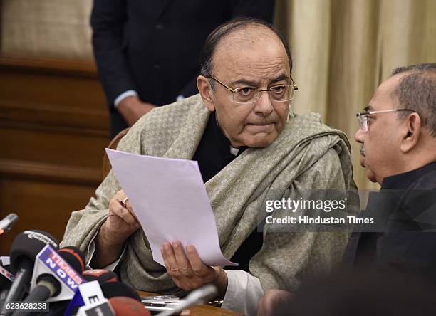 Finance Minister Arun Jaitley during his press conference on December 8, 2016 in New Delhi, India. A month after Rs. 500 and Rs. 1000 notes were...