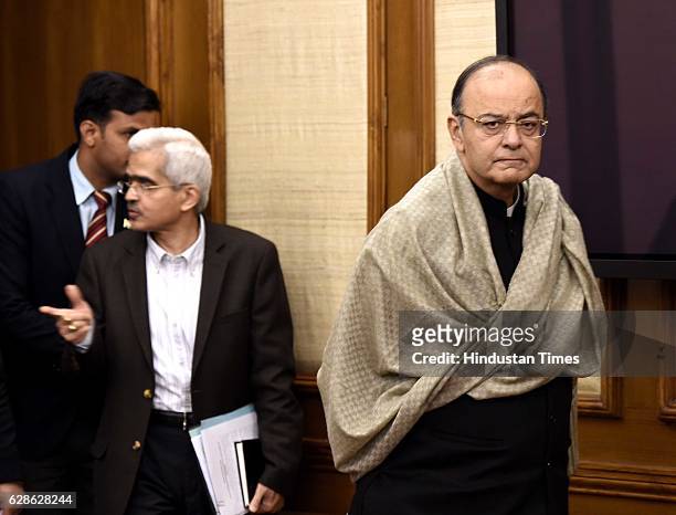 Finance Minister Arun Jaitley during his press conference on December 8, 2016 in New Delhi, India. A month after Rs. 500 and Rs. 1000 notes were...