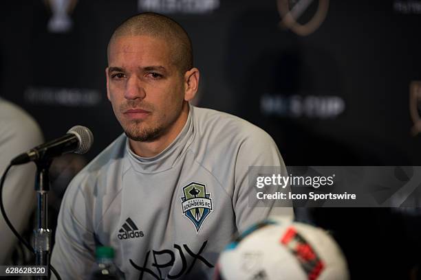 Osvaldo Alonso of Seattle Sounders answers a question during the MLS Cup Team Press Conference on December 8 at Kia Training Ground in Toronto, ON,...