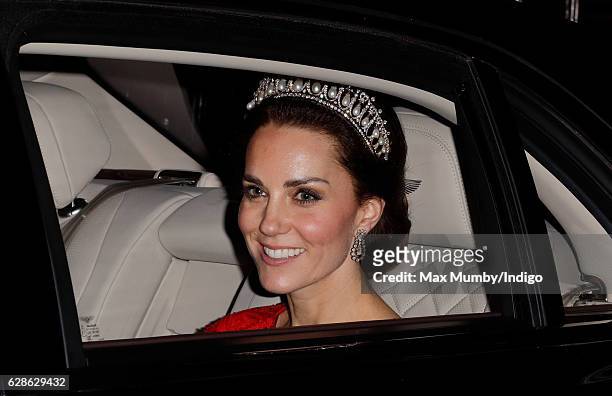 Catherine, Duchess of Cambridge departs after attending the annual Diplomatic Reception at Buckingham Palace on December 8, 2016 in London, England.