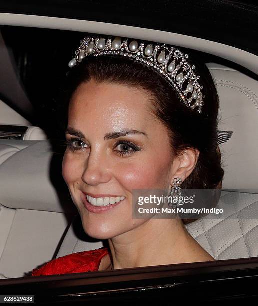 Catherine, Duchess of Cambridge departs after attending the annual Diplomatic Reception at Buckingham Palace on December 8, 2016 in London, England.