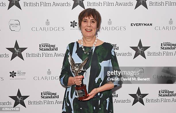 Rebecca O'Brien, accepting the Most Powerful Scene on behalf of "I, Daniel Blake", poses at The London Evening Standard British Film Awards at...