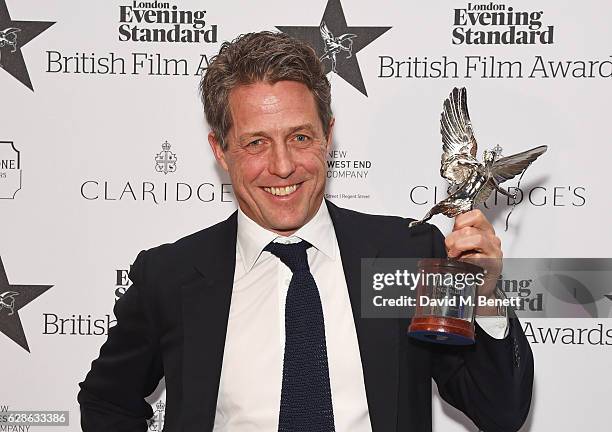 Hugh Grant, winner of the Best Actor award for "Florence Foster Jenkins", poses at The London Evening Standard British Film Awards at Claridge's...