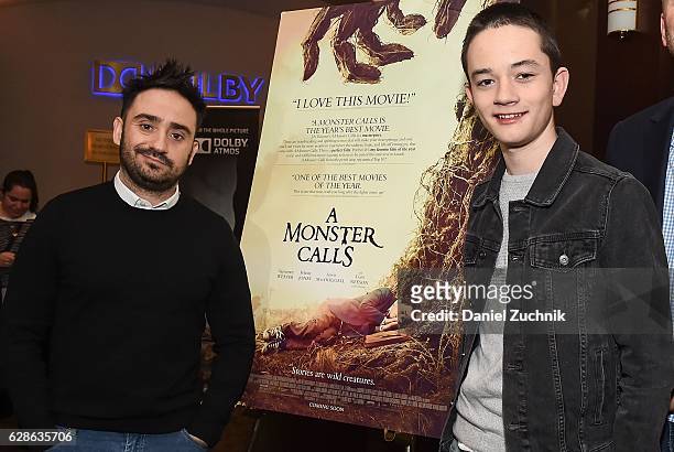 Director J.A. Bayona and actor Lewis Macdougall attend the 'A Monster Calls' Mamarazzi Screening at Dolby 88 Theater on December 8, 2016 in New York...