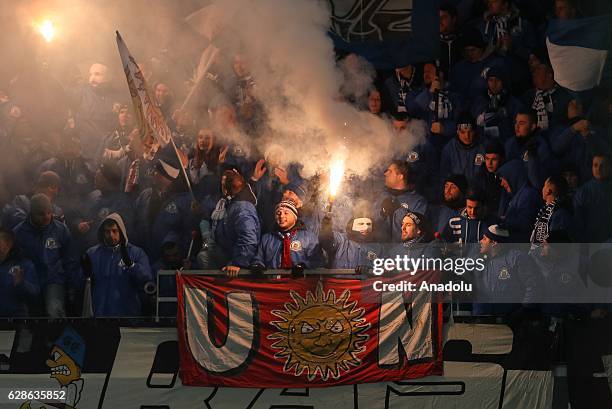 Supporters of Schalke 04 are seen during the UEFA Europa League match between FC Salzburg and FC Schalke 04 at Red Bull Arena in Salzburg, Austria on...