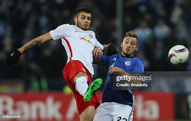 Duje Caleta Car of FC Salzburg in action against Donis Avdijaj of Schalke 04 during the UEFA Europa League match between FC Salzburg and FC Schalke...