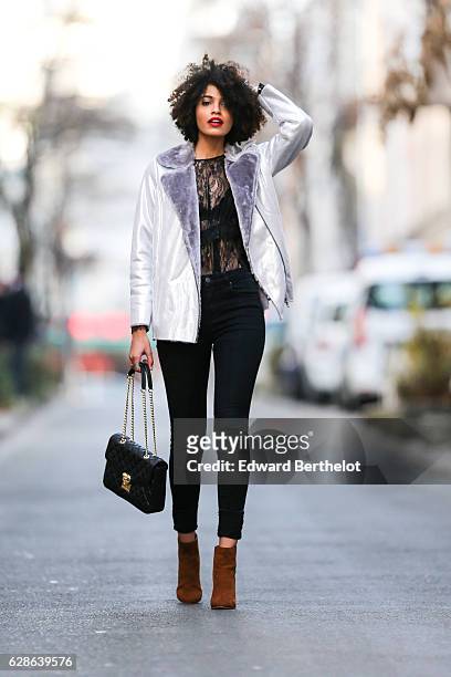 Syana Laniyan, fashion and life style blogger @syanafromparis, is wearing Just Fab brown suede shoes, an Asos silver coat with faux fur, an Asos...