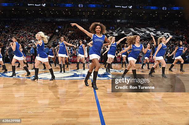 The Toronto Raptors dance team performs before the game against the Minnesota Timberwolves on December 8, 2016 at the Air Canada Centre in Toronto,...