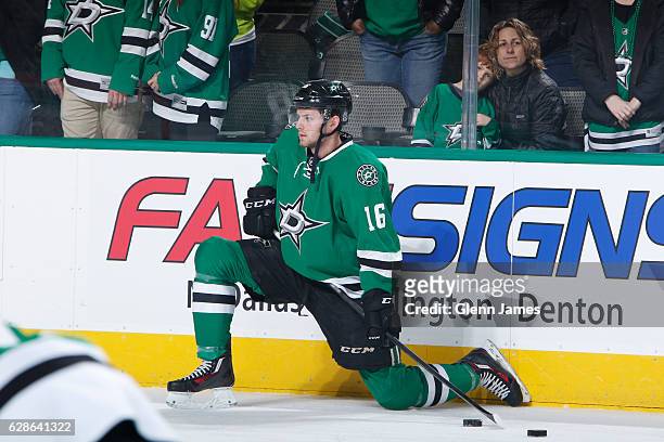 Jason Dickinson of the Dallas Stars skates during warm ups against the Nashville Predators at the American Airlines Center on December 8, 2016 in...