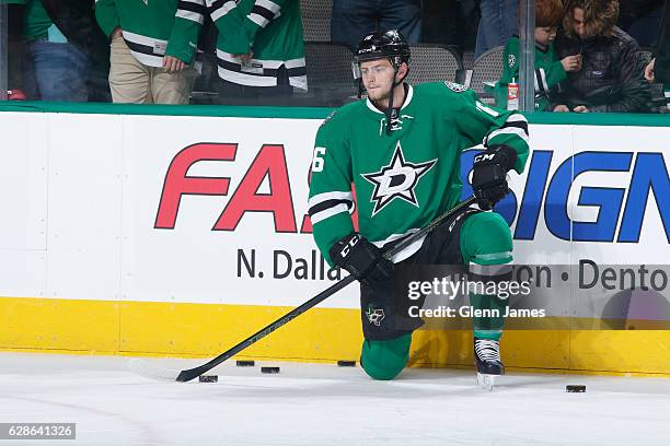 Jason Dickinson of the Dallas Stars skates during warm ups against the Nashville Predators at the American Airlines Center on December 8, 2016 in...