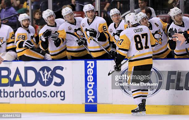 Sidney Crosby of the Pittsburgh Penguins celebrates a goal during a game against the Florida Panthers at BB&T Center on December 8, 2016 in Sunrise,...