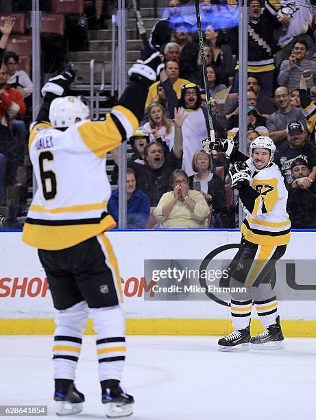 Sidney Crosby of the Pittsburgh Penguins celebrates a goal during a game against the Florida Panthers at BB&T Center on December 8, 2016 in Sunrise,...