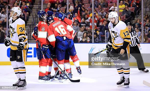 Jaromir Jagr of the Florida Panthers celebrates a goal during a game against the Pittsburgh Penguins at BB&T Center on December 8, 2016 in Sunrise,...