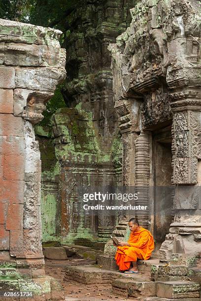 monk reading at ruins - siem reap stockfoto's en -beelden