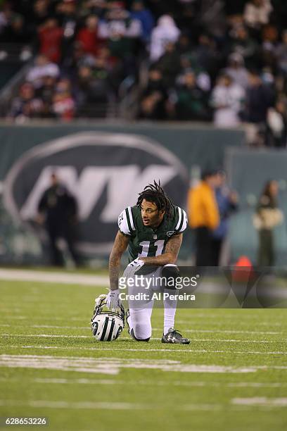 Wide Receiver Robby Anderson of the New York Jets in action against the New England Patriots on November 27, 2016 at MetLife Stadium in East...