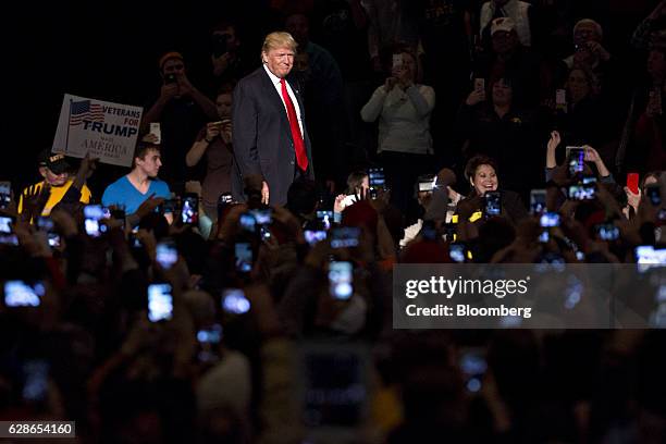 President-elect Donald Trump arrives to speak during an event in Des Moines, Iowa, U.S., on Thursday, Dec. 8, 2016. Trump said China will soon have...