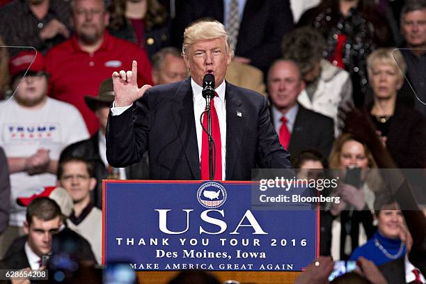 President-elect Donald Trump gestures as he speaks during an event in Des Moines, Iowa, U.S., on Thursday, Dec. 8, 2016. Trump said China will soon...