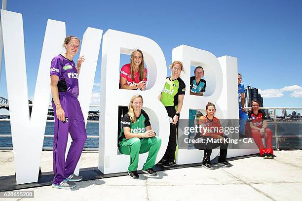 Amy Satterthwaite of the Hobart Hurricanes, Ellyse Perry of the Sydney Sixers, Meg Lanning of the Melbourne Stars, Alex Blackwell of the Sydney...