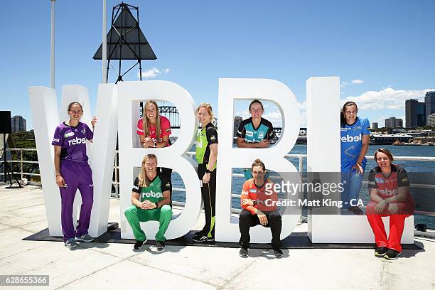 Amy Satterthwaite of the Hobart Hurricanes, Ellyse Perry of the Sydney Sixers, Meg Lanning of the Melbourne Stars, Alex Blackwell of the Sydney...