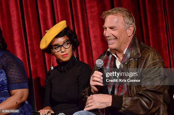 Janelle Monae and Kevin Costner speak during an official academy screening of HIDDEN FIGURES hosted by the The Academy of Motion Picture Arts and...