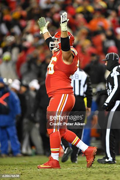 Offensive guard Laurent Duvernay-Tardif of the Kansas City Chiefs celebrates after the Chiefs sealed the game against the Oakland Raiders on a first...