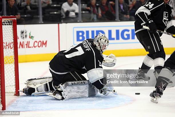 Los Angeles Kings Goalie Jeff Zatkoff makes a save against the Carolina Hurricanes on December 08 at the Staples Center in Los Angeles, CA.