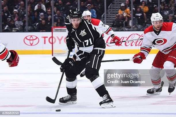 Jordan Nolan of the Los Angeles Kings handles the puck during a game against the Carolina Hurricanes at STAPLES Center on December 08, 2016 in Los...