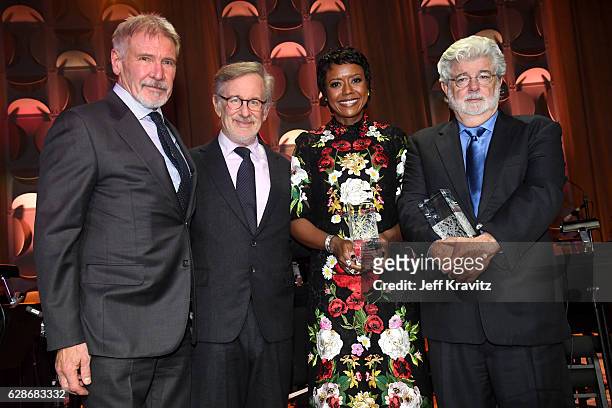 Actor Harrison Ford, founder, USC Shoah Foundation Steven Spielberg and honorees Mellody Hobson and George Lucas pose with awards onstage during...