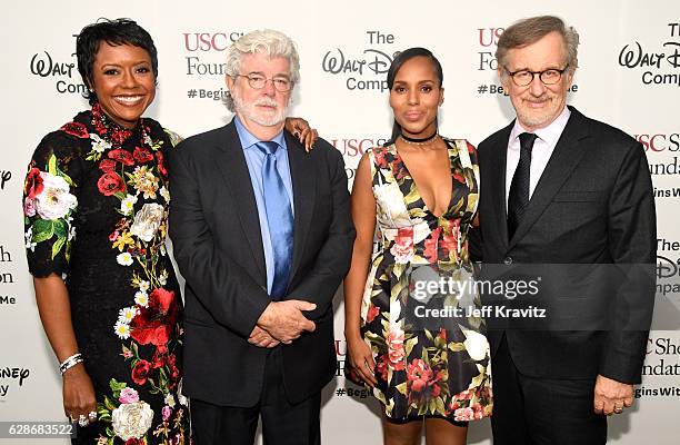 Honorees Mellody Hobson and George Lucas, actress and founder, actress Kerry Washington and USC Shoah Foundation Steven Spielberg attend Ambassadors...