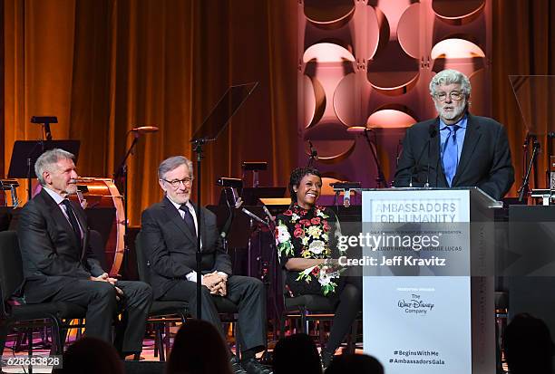 Actor Harrison Ford, founder, USC Shoah Foundation Steven Spielberg and honorees Mellody Hobson and George Lucas onstage during Ambassadors for...