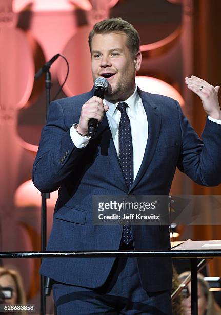 Host James Corden speaks onstage during the Ambassadors for Humanity Gala Benefiting USC Shoah Foundation at The Ray Dolby Ballroom at Hollywood &...