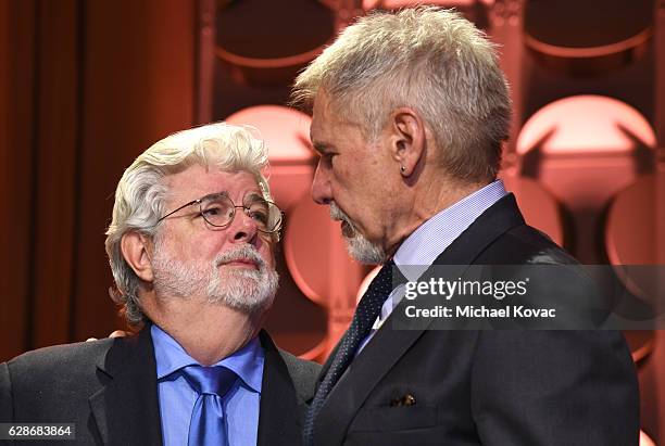 Honoree George Lucas and actor Harrison Ford attend Ambassadors for Humanity Gala Benefiting USC Shoah Foundation at The Ray Dolby Ballroom at...