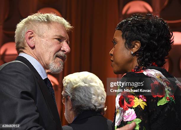 Actor Harrison Ford and honoree Mellody Hobson onstage during Ambassadors for Humanity Gala Benefiting USC Shoah Foundation at The Ray Dolby Ballroom...