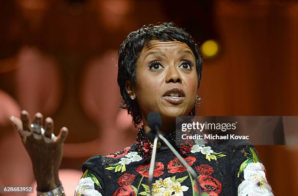 Honoree Mellody Hobson speaks onstage during Ambassadors for Humanity Gala Benefiting USC Shoah Foundation at The Ray Dolby Ballroom at Hollywood &...