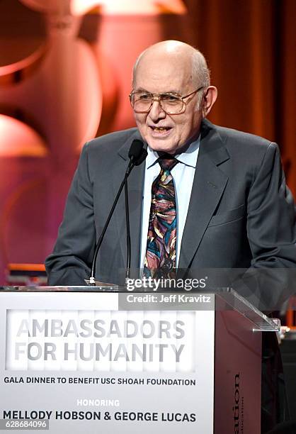 Holocaust survivor Pinchas Gutter speaks onstage at the Ambassadors for Humanity Gala Benefiting USC Shoah Foundation at The Ray Dolby Ballroom at...