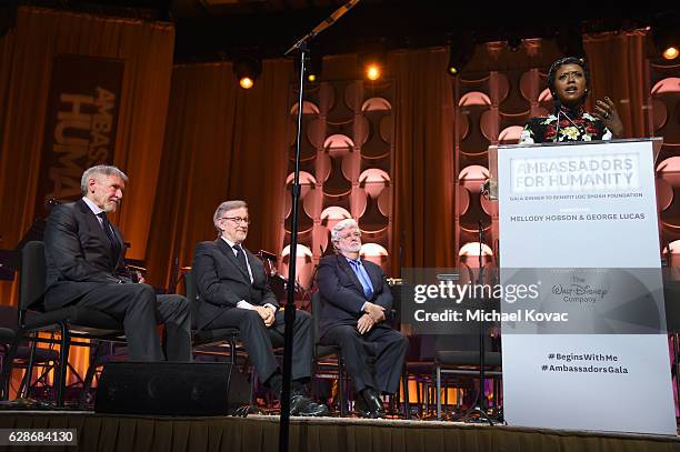 Actor Harrison Ford, founder, USC Shoah Foundation Steven Spielberg, honoree George Lucas and honoree Mellody Hobson onstage during Ambassadors for...