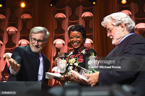 Founder, USC Shoah Foundation Steven Spielberg, honoree Mellody Hobson and honoree George Lucas onstage during Ambassadors for Humanity Gala...