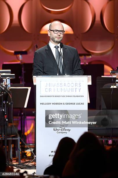 Shoah Foundation Executive Director Stephen Smith, PhD speaks onstage at the Ambassadors for Humanity Gala Benefiting USC Shoah Foundation at The Ray...