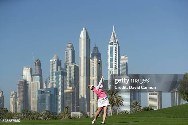 Kylie Walker of Scotland plays her second shot on the par 5, 13th hole during the delayed second round of the 2016 Omega Dubai Ladies Masters on the...