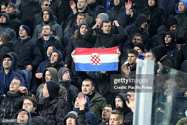 The ultras group of Bad Blue Boys of Dinamo Zagreb at Juventus Stadium of Turin before the Champions League football match between Juventus FC and...