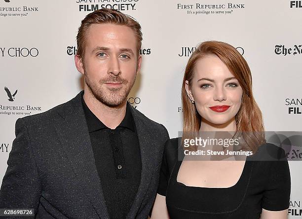 Actor Ryan Gosling and actress Emma Stone attend the SF Film Society Presents SF Honors: 'La La Land' at Castro Theatre on December 8, 2016 in San...