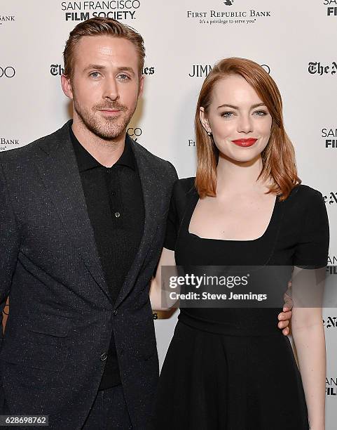 Actor Ryan Gosling and actress Emma Stone attend the SF Film Society Presents SF Honors: 'La La Land' at Castro Theatre on December 8, 2016 in San...