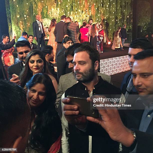 Congress Vice President Rahul Gandhi during the wedding reception of Indian Cricketer Yuvraj Singh and Bollywood actor Hazel Keech, at ITC Maurya, on...