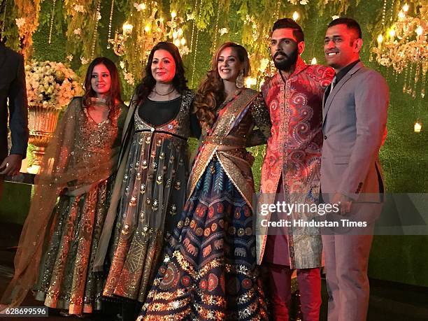 Indian Cricketer Yuvraj Singh with his wife and Bollywood actor Hazel Keech with Cricketer MS Dhoni and his wife Sakshi Dhoni during their wedding...