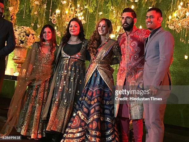 Indian Cricketer Yuvraj Singh with his wife and Bollywood actor Hazel Keech with Cricketer MS Dhoni and his wife Sakshi Dhoni during their wedding...