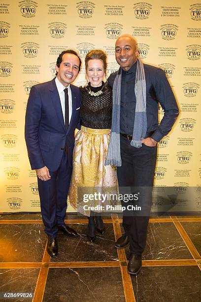 Tea co-founders Taha Bouqdib, Maranda Barnes and actor James Lesure attend the grand opening of North America's first TWG Tea Salon & Boutique Grand...