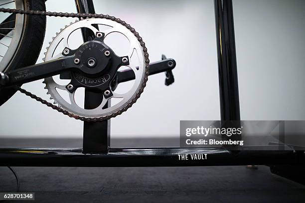 An adjustable stationary bike sits in 'The Vault', a climactic simulation chamber in the basement of the Rapha Racing Ltd. Cycle club in Spitalfields...